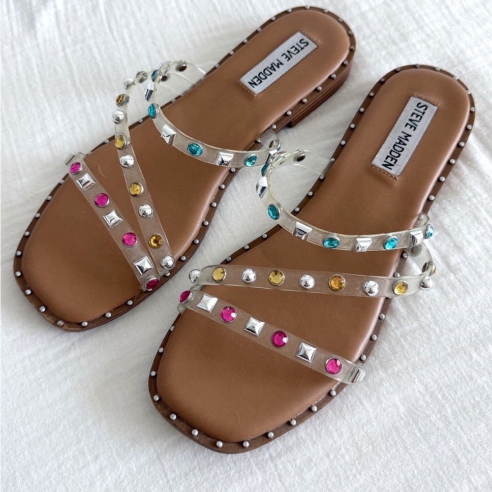 Steve Madden Women's Multicolor Jeweled Studded Clear Strappy Sandal Shoes 8.5